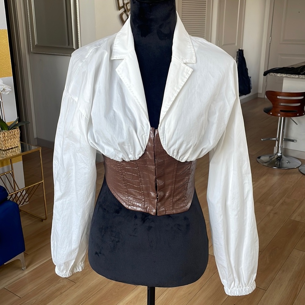 White Blouse with built in brown leather corset